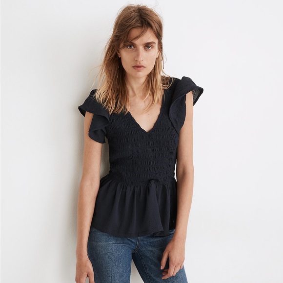 Madewell Tops - Madewell Flutter Sleeve Smocked Top EUC Size S Navy Blue